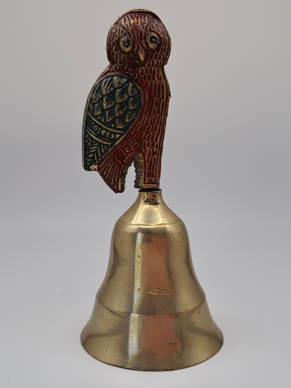 ​Vintage Bells of Sarna India Brass Owl Bell - Handcrafted Etched Metal 4.5"